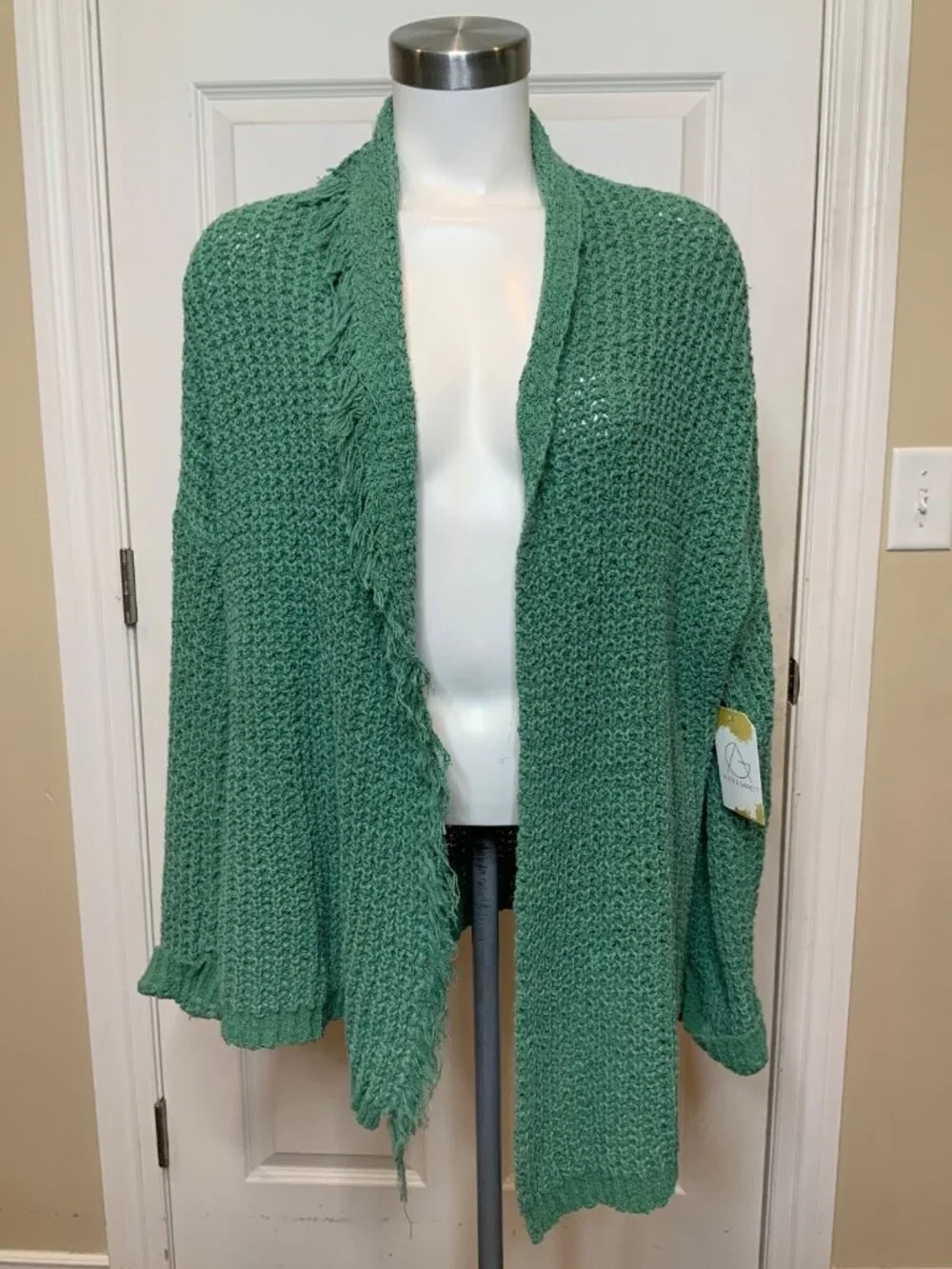 Free People Seafoam Green Open Front Chunky Knit Fringe Cardigan, Size S